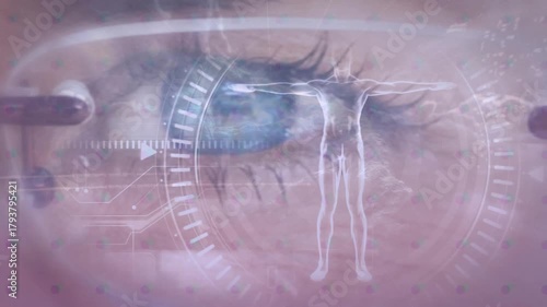 On gauge pulsing, eye showing HUD overlay while wireframe shifting, gauge rotating, completing scan