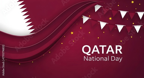 Qatar national day celebration with wavy flag and festive bunting, symbolizing national pride and unity