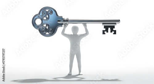Conceptual 3D rendering of a person holding a key above.