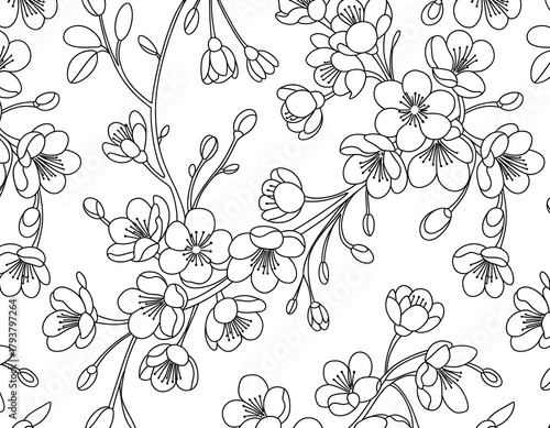 Intricate pattern of blooming cherry blossoms and buds on slender branches, rendered in a detailed outline style on a white background