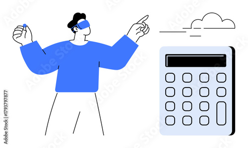 Person wearing VR headset pointing at calculator with calm clouds in background. Ideal for technology, finance, virtual reality, analytics, innovation, future trends, education. Simple flat metaphor