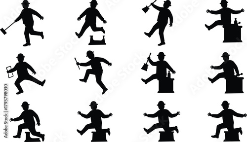 Construction worker silhouette, hard hat poses, tool interaction, dynamic movement, occupational action, safety illustration, labor activity, industrial task, job motion