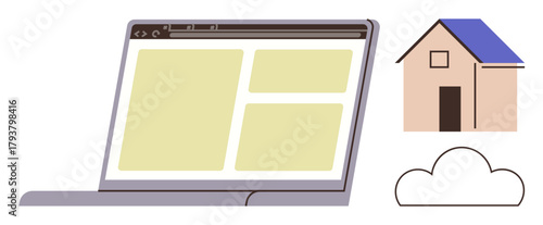 Laptop showcasing a browser, house icon, and cloud representing technology, online presence, remote work, real estate, cloud storage, data transfer, and connectivity in a simple flat metaphor