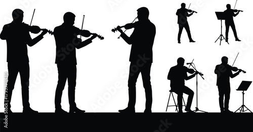 Violinist silhouettes, music performance, artistic poses, stage practice, classical musicians, expressive gestures, music stands, dramatic lighting, ensemble setup, creative composition