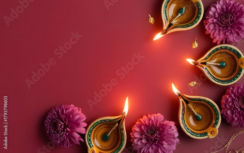 Diwali diyas with flowers and glitter on a dark red background, top view, copy space