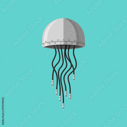 Illustration of a robotic jellyfish with metal dome and cable tentacles.