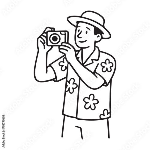 Man in tropical shirt capturing travel memories with camera, embracing island life and summer adventures, evoking a sense of wanderlust and relaxation