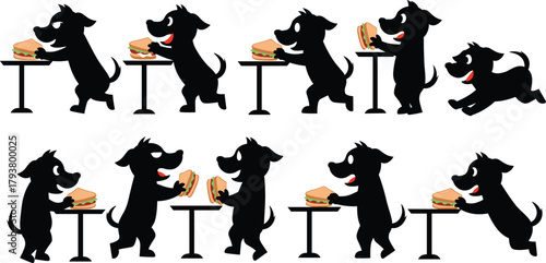 Cartoon, dog, sandwich, silhouette, funny, food, pet, animal, snack, table, comic, cute, hungry, playful, eating, black dog, illustration, humor, lunch, character