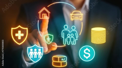 Insurance concept showcasing family, health, home, car, and money glowing neon colors with businessman highlighting financial protection, security, and family protection for ultimate finance