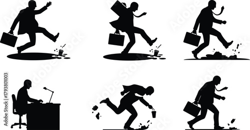 Businessman silhouette, slipping accident, puddle hazard, falling pose, workplace safety, briefcase motion, vector illustration, injury risk, office hazard, dynamic fall