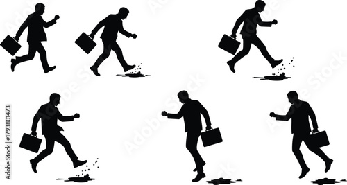Businessman silhouette, walking motion, puddle interaction, briefcase pose, office steps, vector illustration, splash effect, dynamic movement, workplace challenge, professional journey
