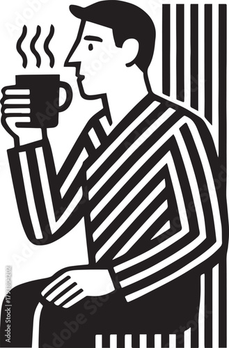 Striped Man Drinking Coffee – Minimal Black & White Geometric Illustration