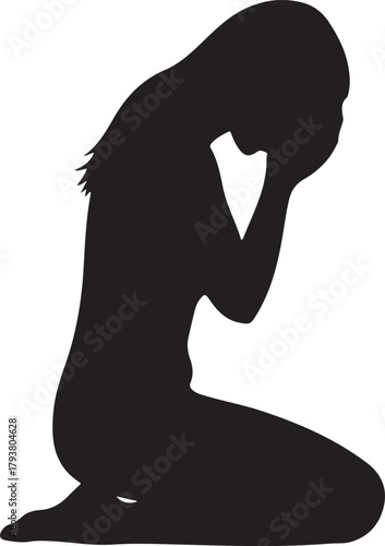 Depressed or sad woman silhouette kneeling, crying, head in hands, symbolizing grief, sorrow, and mental struggle