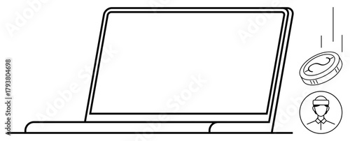 Laptop standing open with a dropping coin and user profile icon. Ideal for concepts thumbs up online payments, digital currency, e-commerce, user authentication, financial security, technology