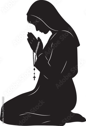 Silhouette of a woman kneeling in prayer, holding a rosary with a cross, symbolizing faith, devotion, and spiritual contemplation. Ideal for themes of religion, worship, and christianity.
