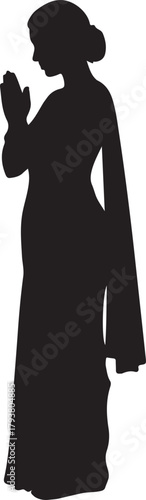 Silhouette of an Indian woman, lady or female in a traditional sari performing a prayer gesture, Namaste or Anjali Mudra, symbolizing spirituality, greeting, devotion, and respect
