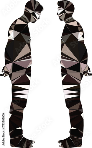 Abstract Polygonal Men Facing Each Other with Bowed Heads, Low Poly Human Silhouettes Depicting Reflection, Dialogue, or Introspection in Modern Digital Art.