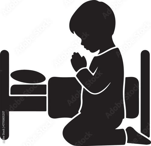 Child Kneeling by Bed and Praying, a Silhouette Icon Representing Bedtime Prayer, Faith, and Spiritual Devotion