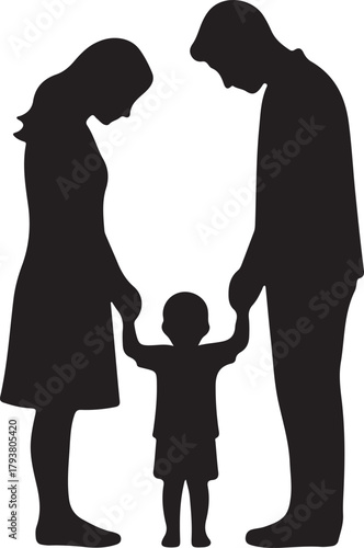  Family Silhouette Parents and Child Holding Hands, Symbolizing Love, Care, and Unity in Parenthood