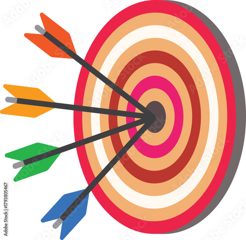 Four colorful arrows precisely hit the bullseye of a vibrant target board, symbolizing success, goal achievement, and accurate aim