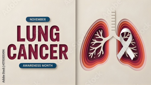 Lung cancer awareness month poster with anatomical lungs and a white ribbon symbol.