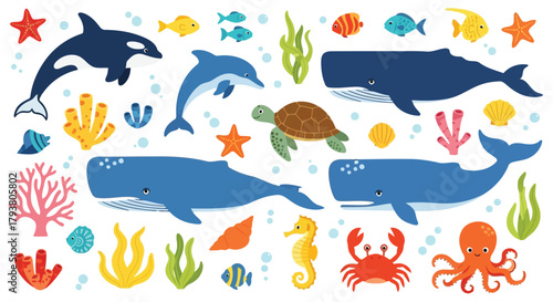 Colorful collection of sea creatures and marine life with whales, dolphins, and coral reefs