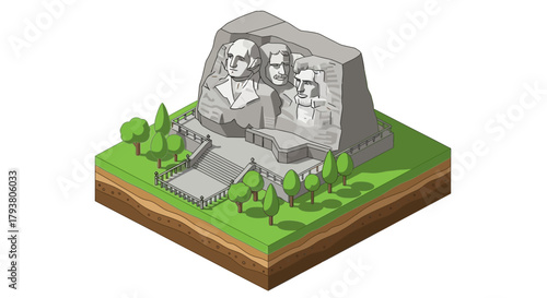Isometric illustration of Mount Rushmore with George Washington, Thomas Jefferson, Theodore Roosevelt, and Abraham Lincoln carved into the mountain.