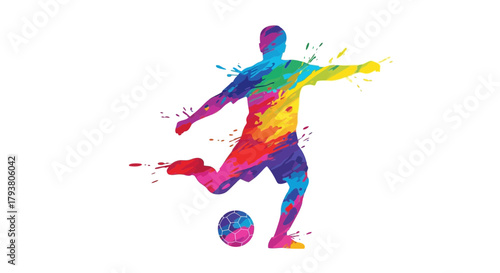 Colorful silhouette of a soccer player kicking a ball, depicted with vibrant paint splatters against a white background.