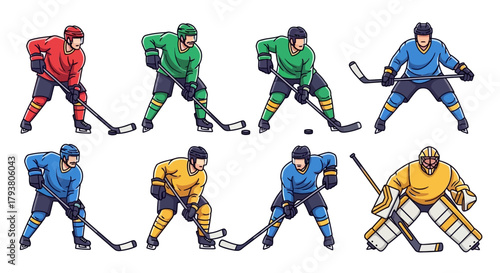 A collection of eight cartoon hockey players in various colored uniforms, showcasing different stances and positions, including a goalie.