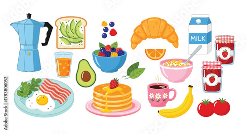 Colorful assortment of breakfast foods including fruits, bread, eggs, and beverages