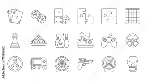 A collection of outline icons representing various games and recreational activities, including cards, dice, puzzles, bowling, video games, and a roulette wheel.
