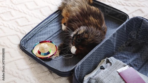 A fluffy cat lies licking himself in a suitcase with a Mexican hat.