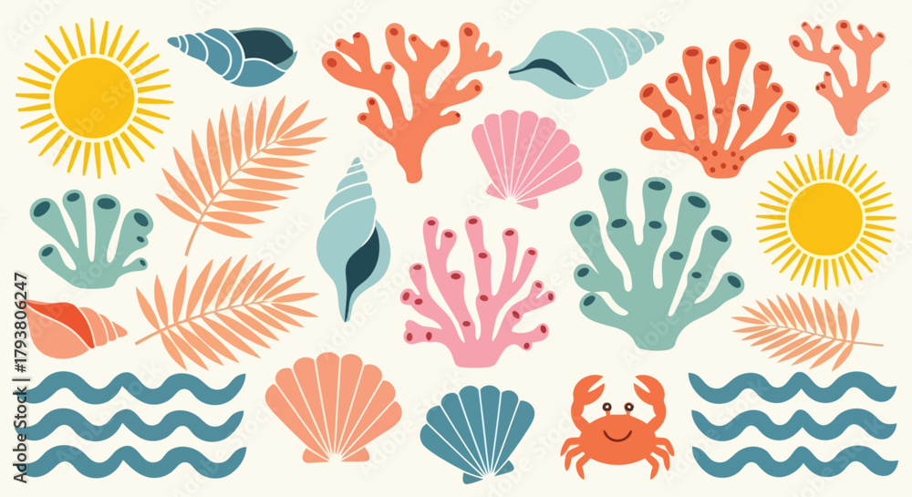 Fototapeta premium Colorful tropical sea life and beach elements with sun, coral, and seashells