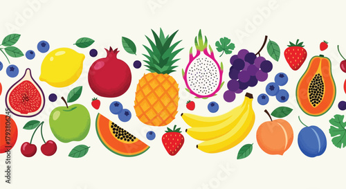 Colorful assortment of fresh fruits and berries including apple, banana, pineapple, and grapes