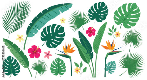 Vibrant collection of tropical leaves and flowers with green and pink tones