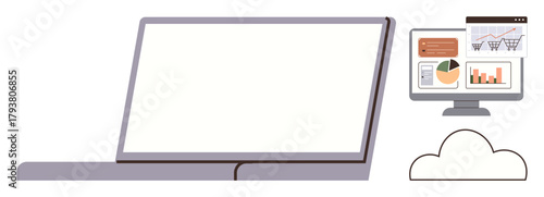 Laptop and cloud emphasize online connection, paired with desktop displaying data charts and analytics. Ideal for technology, remote work, cloud computing, data management, workflow, business