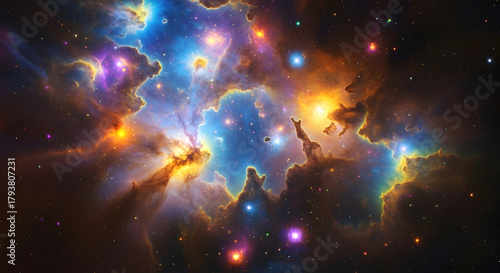 A breathtaking scene unfolds with vibrant nebulas and star clusters, swirling in a cosmic dance of light and color, showcasing the immensity and beauty of the universe, creating a sense of wonder and