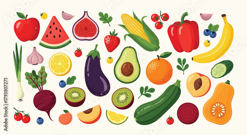 Colorful assortment of fresh fruits and vegetables with vibrant illustrations