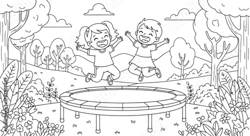 Two happy children jumping on trampoline in garden with playful background