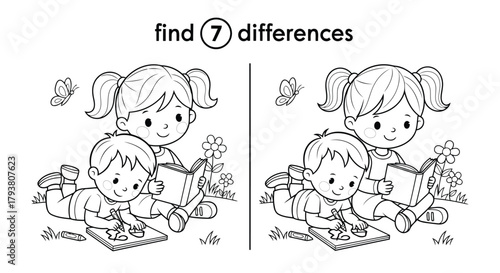 Find the 7 differences puzzle with two girls in nature scene for kids