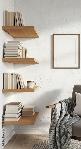 Reading corner wall mockup in Scandinavian interior, sunlit unisex room, minimalist Nordic design, 3D render