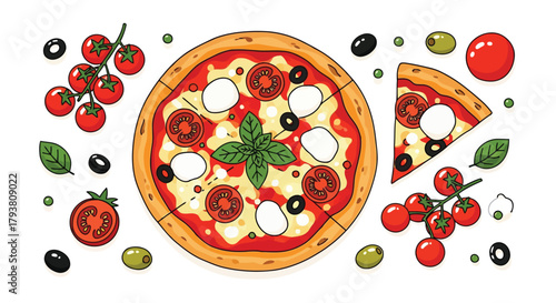Delicious pizza with fresh toppings including tomatoes, olives, and mozzarella on wooden table