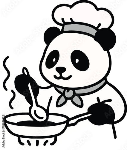 Panda Chef Cooking: An endearing cartoon panda, clad in a chef's hat and apron, diligently stirs a steaming concoction in a pan, symbolizing culinary skill and gastronomic delight.