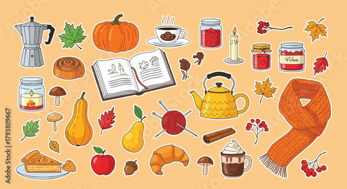 Colorful autumnthemed illustration with pumpkins, leaves, books, and cozy items