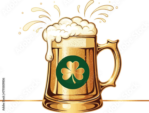 St. patrick's day golden beer mug with shamrock clover, foaming pint illustration
