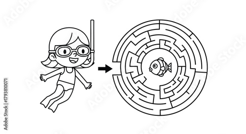 Cute cartoon girl with snorkel and maze puzzle for kids activity