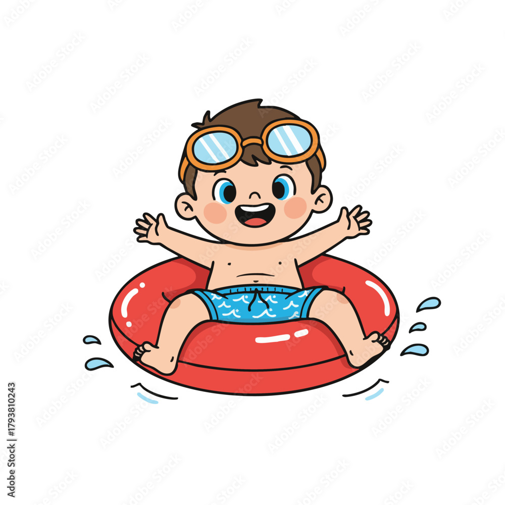 Fototapeta premium Happy boy floating in inflatable ring at the pool