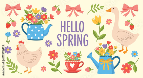 Colorful hello spring illustration with flowers, birds, and watering cans in pastel tones