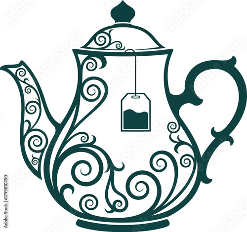 Elegant ornate teapot with teabag vector icon illustration for tea shops & cafes