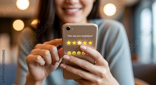 Customer leaves a positive five-star review on a smartphone app.